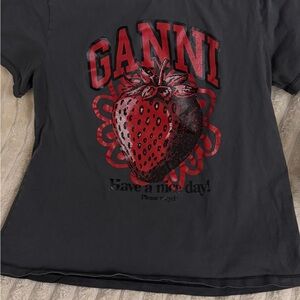 Ganni Dark Gray Tee with Red Strawberry Print